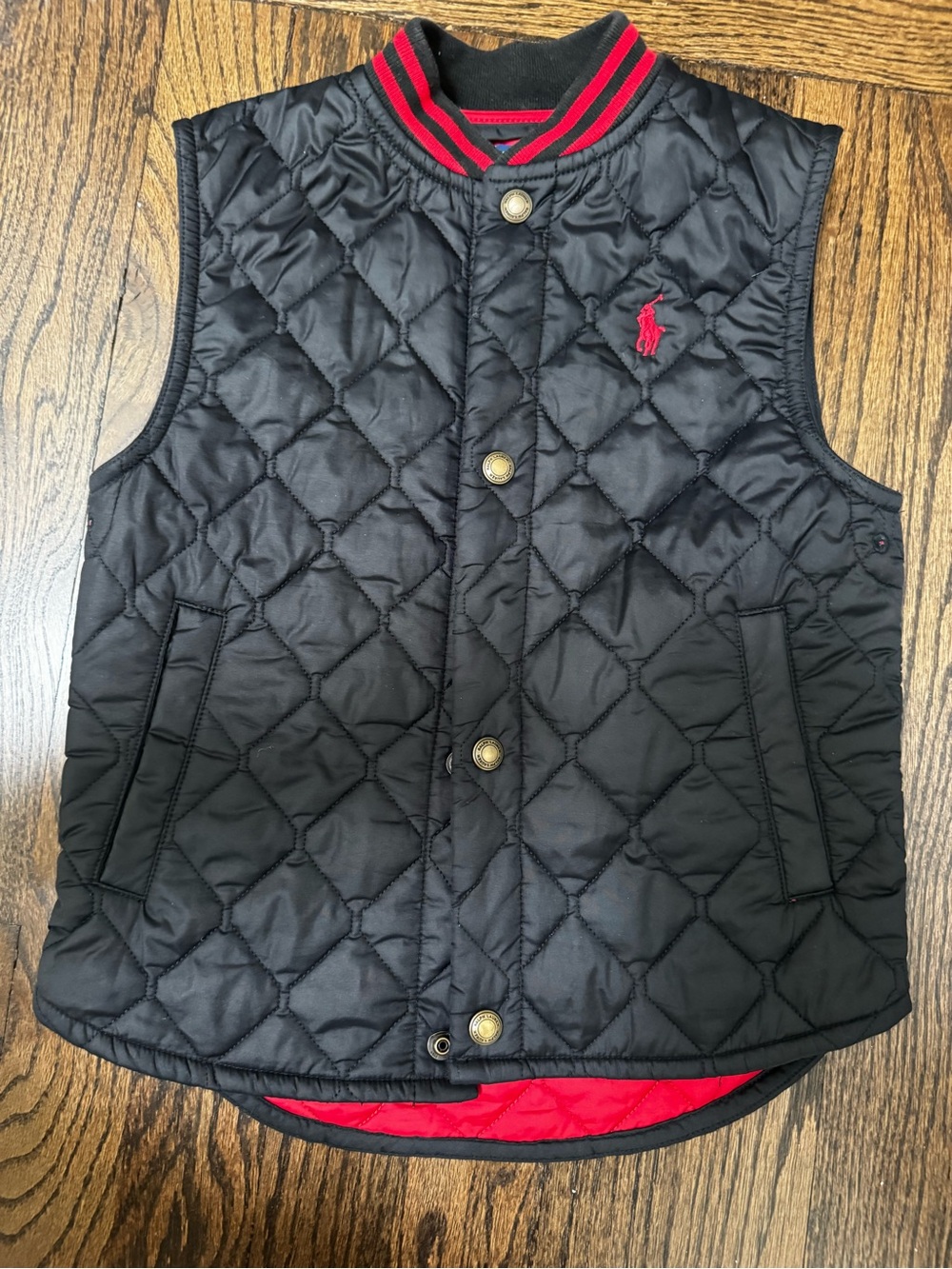 Polo by Ralph Lauren Black Quilted Kids Vest with Red Trim